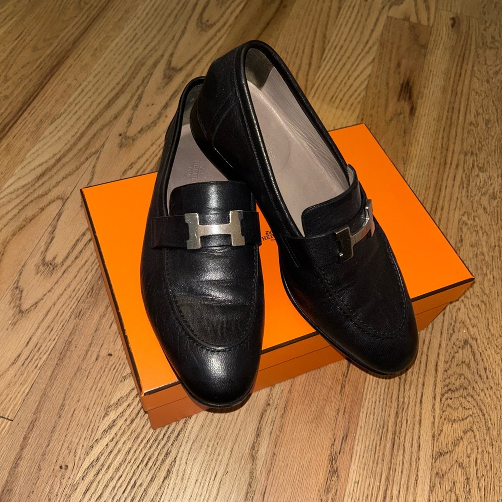 Hermes Black Leather Loafers with Silver Accent